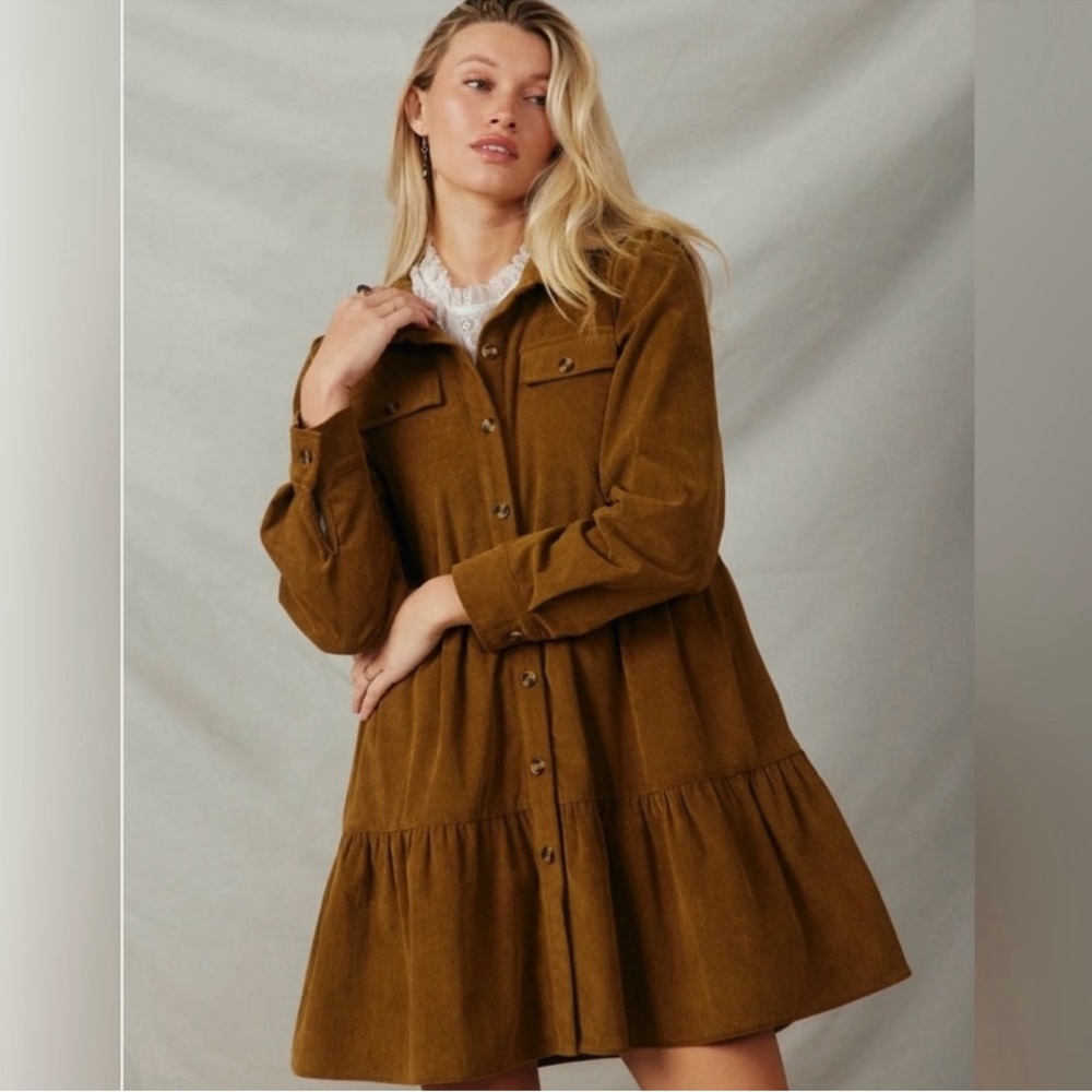 Hayden Brown Corduroy Tiered Button Up Dress